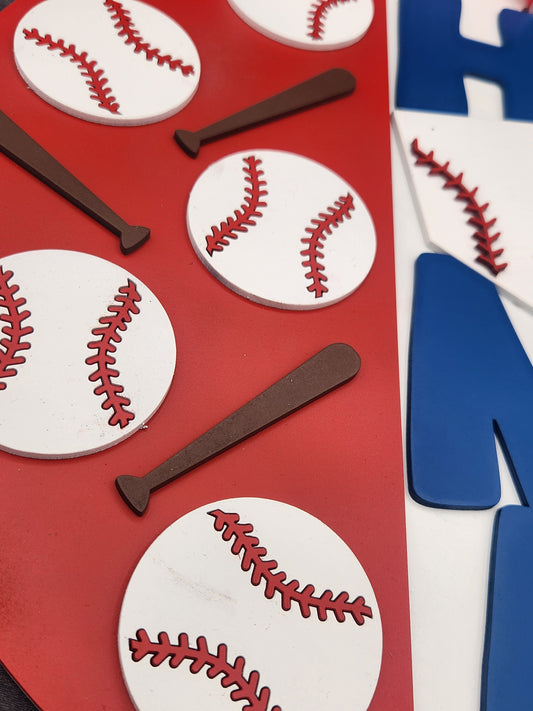 Baseball-themed cutouts on a red background with blue and white elements.
